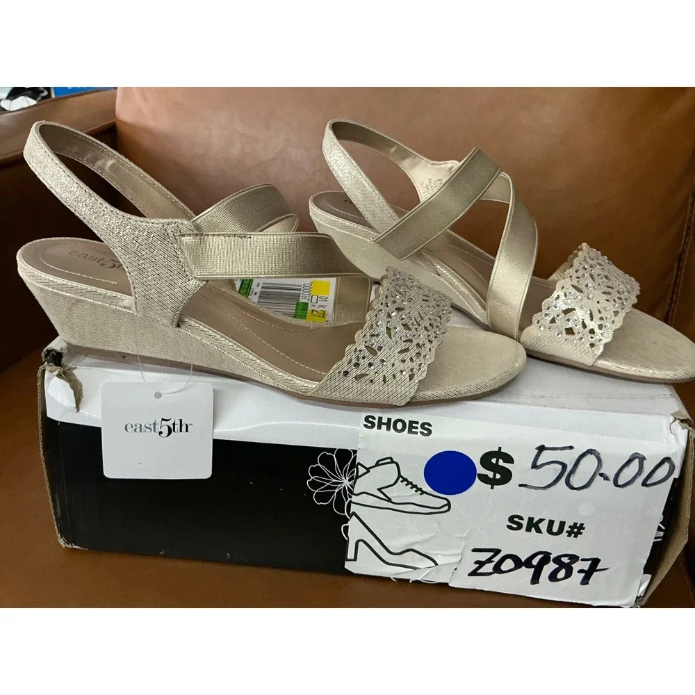 East 5th Gladie Wedge Sandals Womens 8.5 Platino Rhinestone Laser Cut Strappy